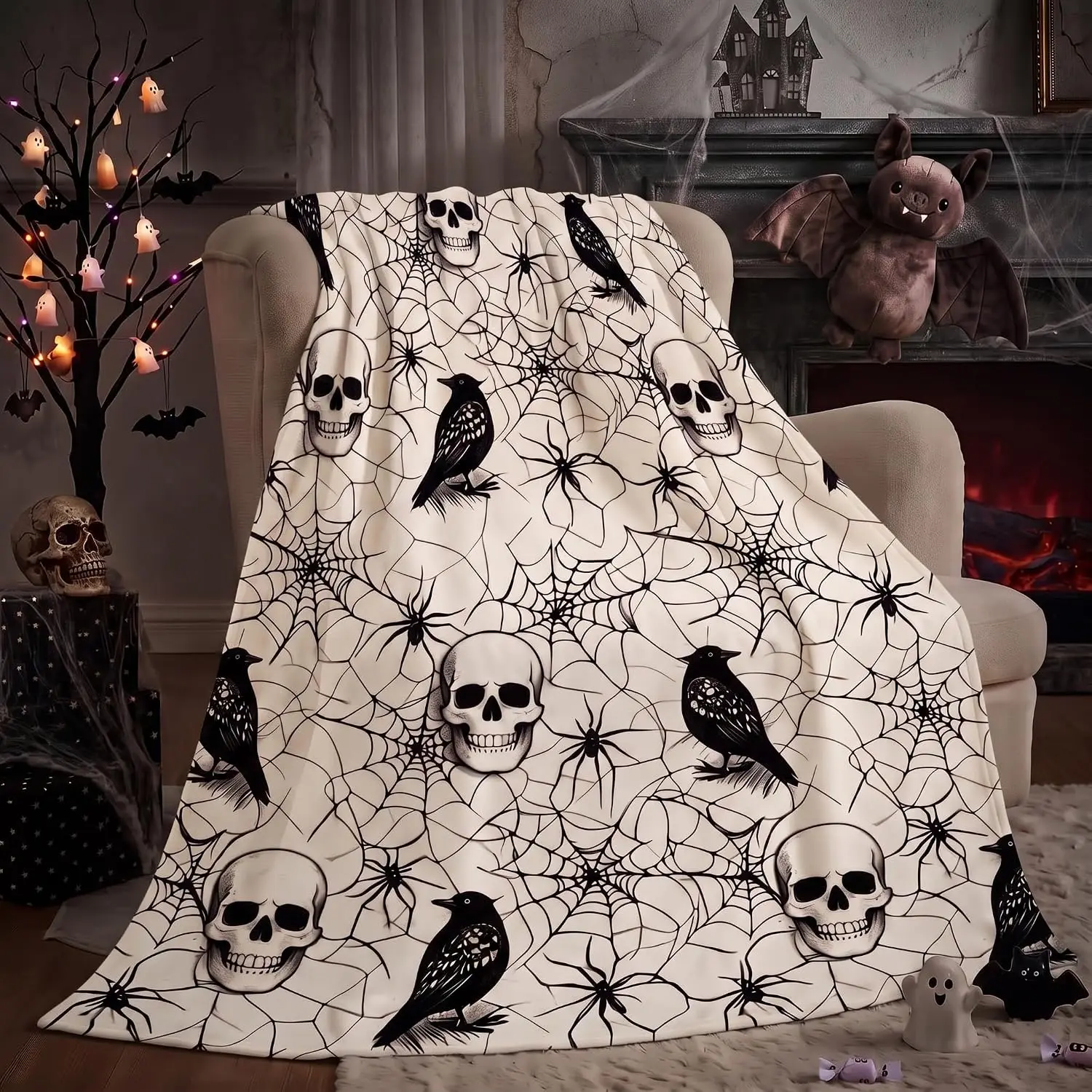 Irenare Halloween Gothic Blanket Spooky Gifts Throw Blanket Soft Flannel Black Horror Spider Webs Skulls and Ravens Home Decor for Couch, Bed, and Haunted House Use, 50 x 60inch
