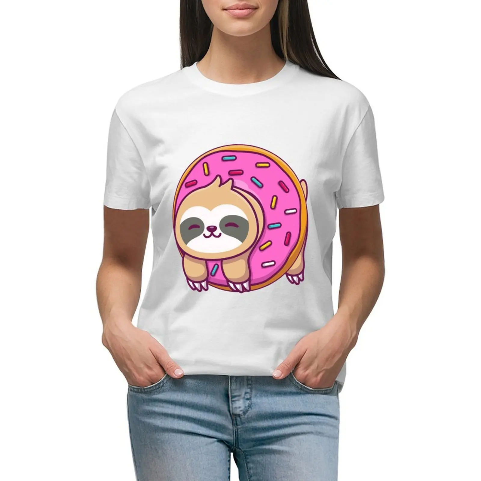 Cute sloth with doughnut cartoon T-shirt summer top summer tops white t-shirt dress for Women sexy