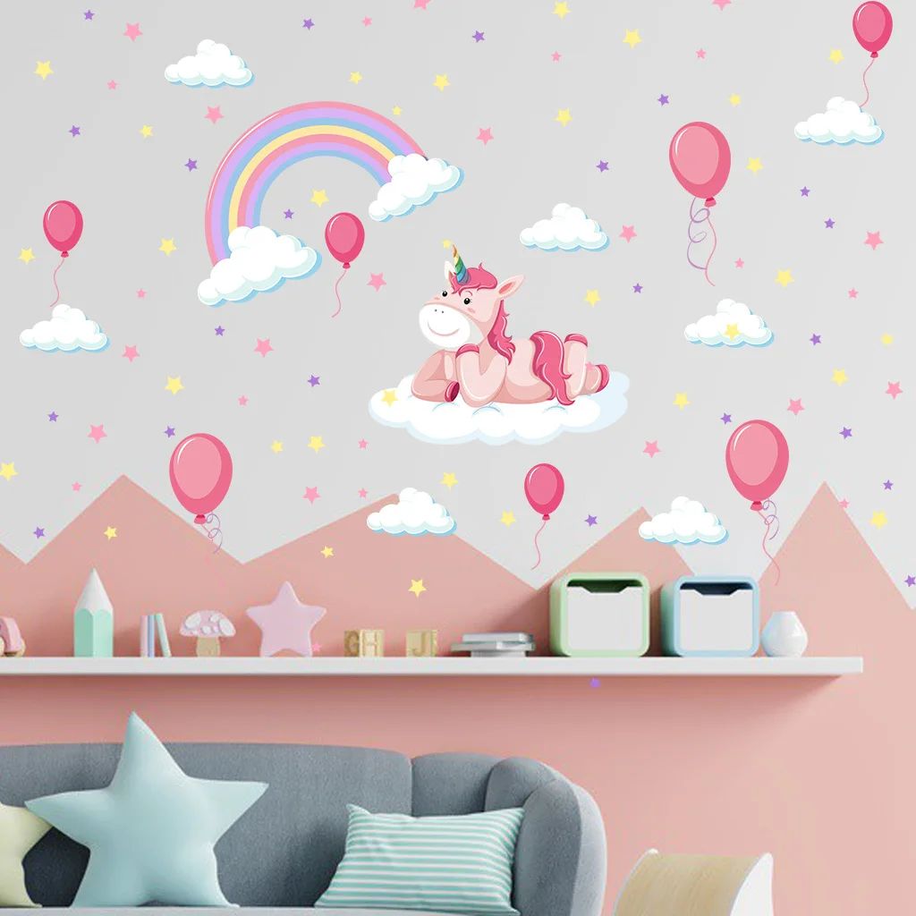 

Cartoon Unicorn Horse Rainbow balloon Star Shape Pattern Wall Sticker For Kids Room Decoration Diy Animal Mural Art Pvc Decal