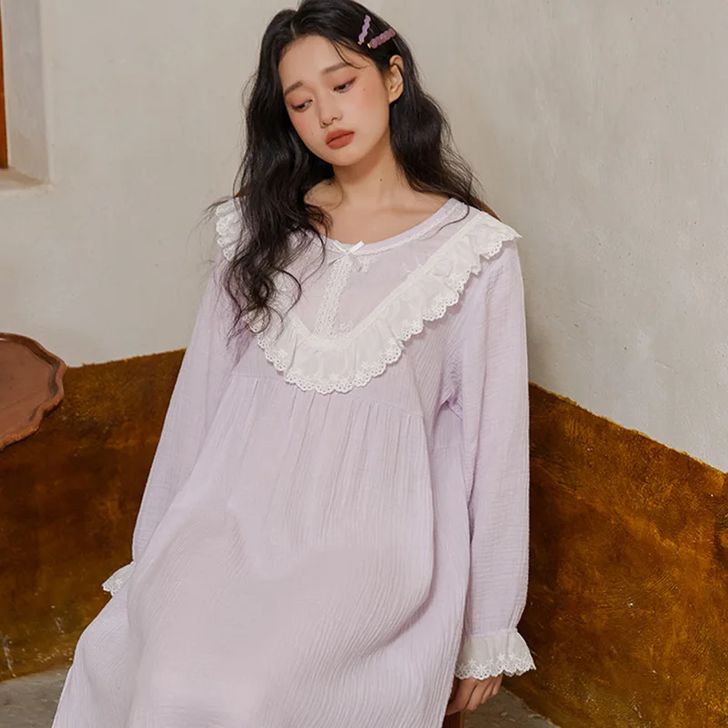 Spring Vintage Pure Cotton Nightdress Princess Sleepwear Nightwear Women Sweet Round Neck Full Sleeve Night Dress Long Nightgown