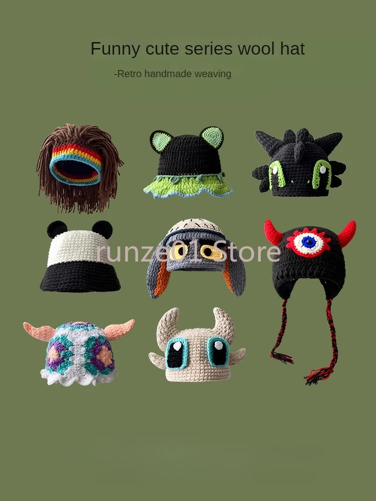 Pi Youtong Cute Funny Woolen Hat for Women in Autumn and Winter Warm Ear Protection Cartoon Knitted Headband Hat for Men image 2