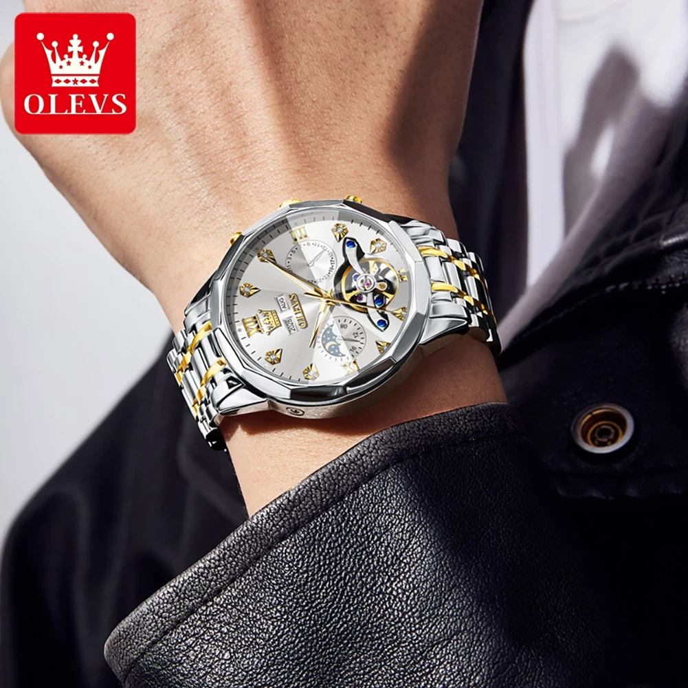 OLEVS 6621 Relojes para hombre Reloj mecánico original para hombre Calendario Volano Reloj de pulsera de marca de lujo