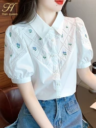 H Han Queen Summer White ricamo Office Blusas Vintage top camicette in Chiffon donna camicie Casual da lavoro a maniche corte semplici