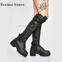 Pocket Belt Buckle Zip Boots Round Toe Height Increasing Black Patchwork Knee High Boots Cross Tied Sexy Punk Spicy Girl Booties