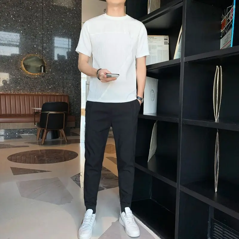 

Men's 2 Piece Summer Outfit Ice Silk Short Sleeve Long Trousers Quick Dry Athletic Set Casual Sports Suit Breathable Clothing