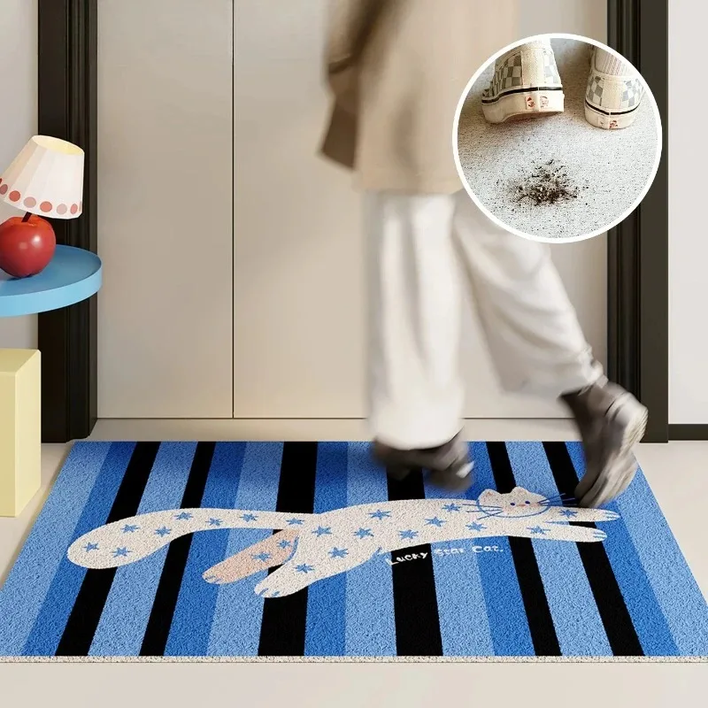 Cartoon Star Cat Doormat Blue Stripe PVC Wire Loop Mat Cuttable Anti Dirt Rubber Backing Foot Rug For Hallway Entrance