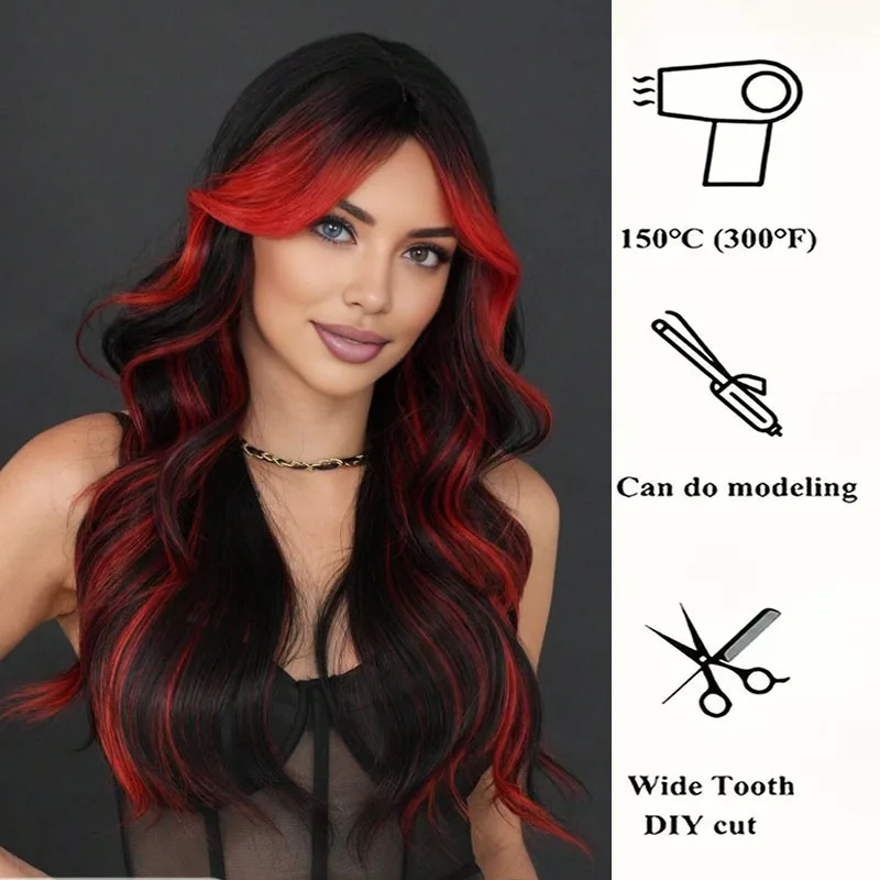 باروكة صناعية مموجة متدرجة باللون الأسود والأحمر، باروكة عالية الجودة مقاس 24 بوصة، مناسبة للحياة اليومية النسائية والحفلات التنكرية وما إلى ذلك