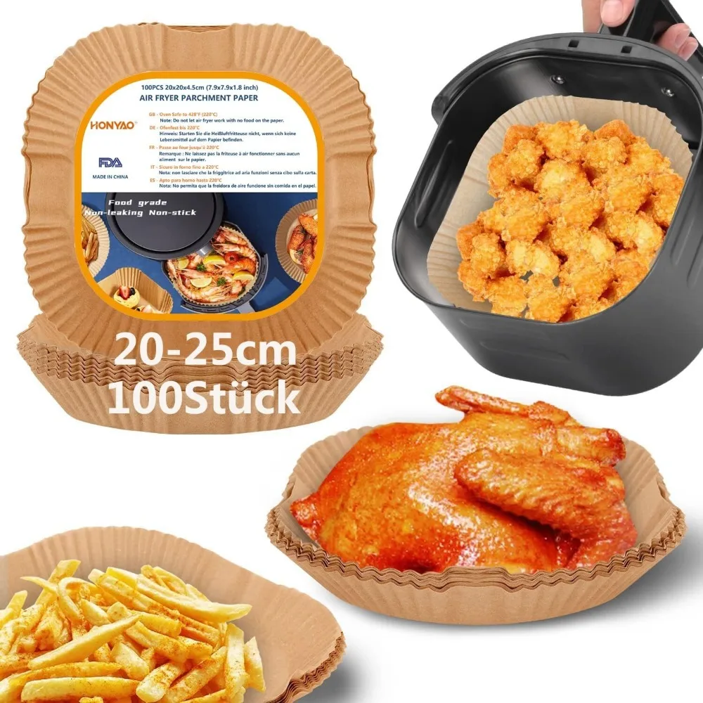 100 Stück Quadratisches, spezielles Papier für Heißluftfritteusen – Ölabsorbierendes Papier / Backpapier. Bodendurchmesser: 20 cm, Höhe: 4,5 cm, Oberer Durchmesser: 25 cm.