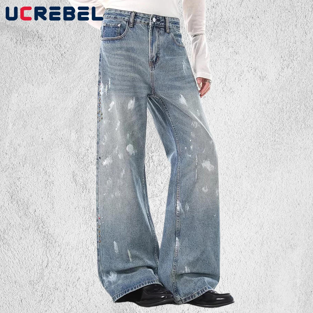 

Мужские рваные джинсы с граффити и заклепками, потертые мешковатые прямые широкие джинсовые брюки в стиле ретро в стиле ретро, мужские брюки