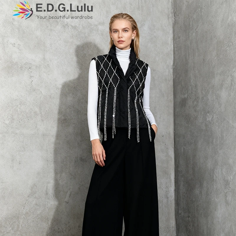 

EDGLuLu Fashion Stand Collar Thickened Diamond Studded Chain Tassel Vest Outerwear Fashion Casual Black White Vest Jacket 1026