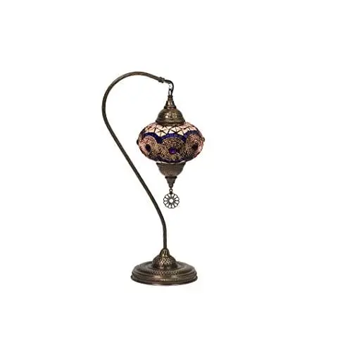 LaModaHome English Moroccan Handmade Mosaic Glass Curvy Swan Neck Table Lamp Light with Decorative Dark Polished Copper Fixture