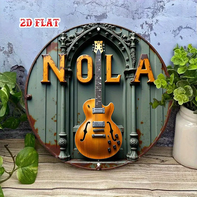 2D Flat, 1pc NOLA Guitar Round Aluminum Sign - Vintage Rustic Metal Wall Art, 7, 8x7, 8 Inch, Iconic New Orleans Music Theme view 3