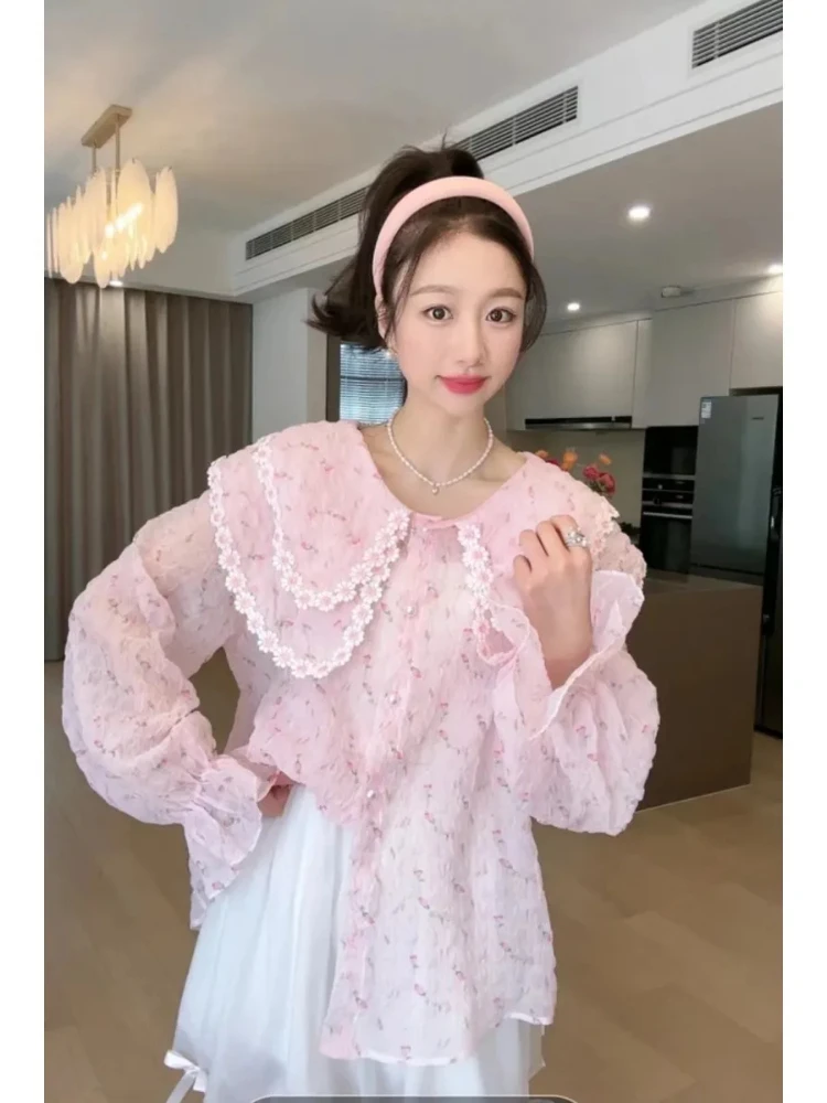 Chemises à col Double couche pour femmes, doux, Floral, manches longues, ample, haut pour dame, imprimé à la mode, chemisiers polyvalents, nouvelle collection 2025