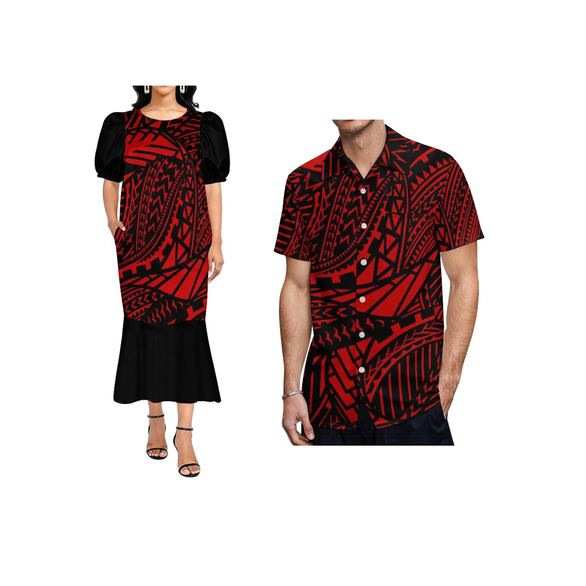 Vestido Mumu com Estampa Tribal Polinésia Samoana Personalizada, Estilo Micronésio, Decote Quadrado, Manga Bufante, Cauda de Peixe, Tecido Elástico, para Mulheres, 1MOQ.