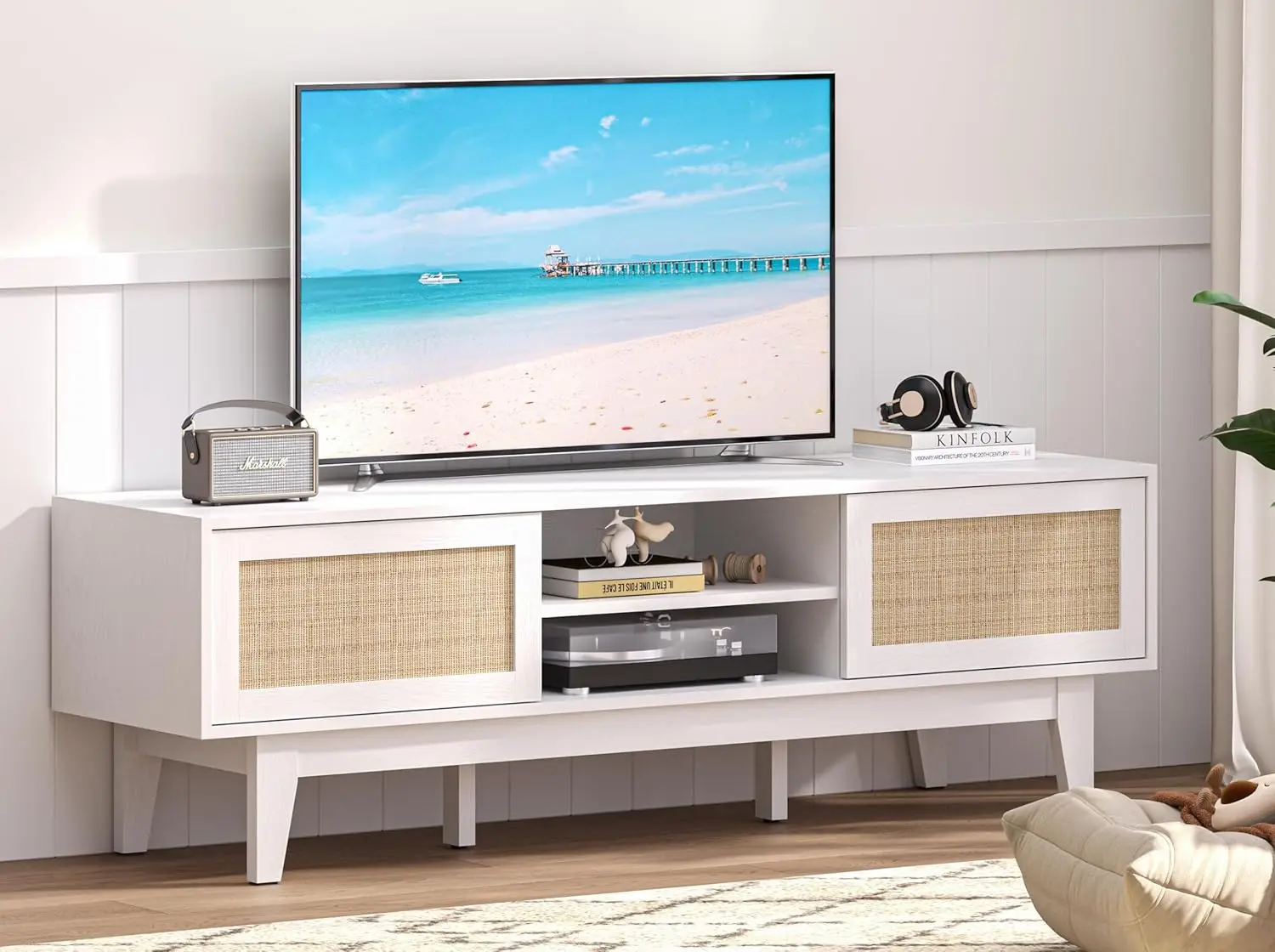 

Boho TV Stand for 55 65 Inch TV,Rattan Entertainment Center with Shelves,Cabinets and Sliding Doors,Solid Wood Feet & Cord Holes