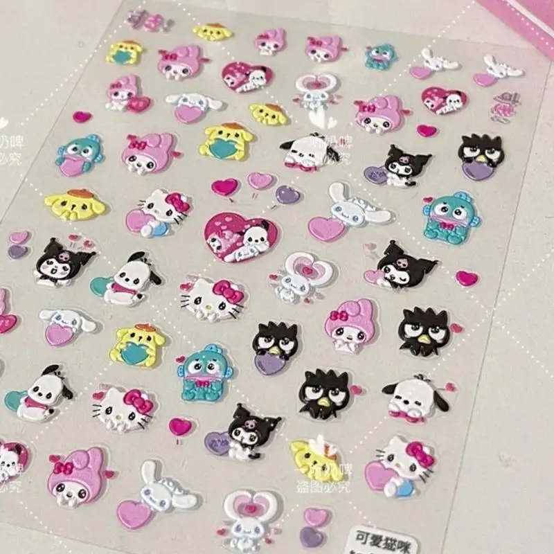 1Pc Anime Sanrios Nail Stickers Kawaii Girl Self-Adhesive Embossed 3D Hello Kitty Kuromi Hangyodon Manicure Decal Decoration Toy