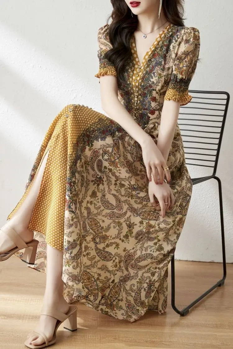 High-end Mom Summer Short-sleeved Floral Dress V-neck Mid-length Waist Slimming Long Skirt Middle-aged and Elderly Shirts