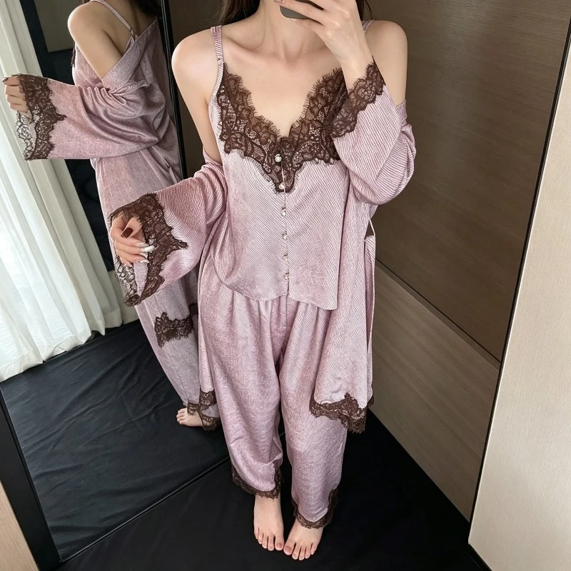 Luxury Dusty Pink Lace Ice Silk Pajama 3pcs Set for Women, Summer Soft Skin-friendly Loungewear, Elegant Wearable Home Outfit