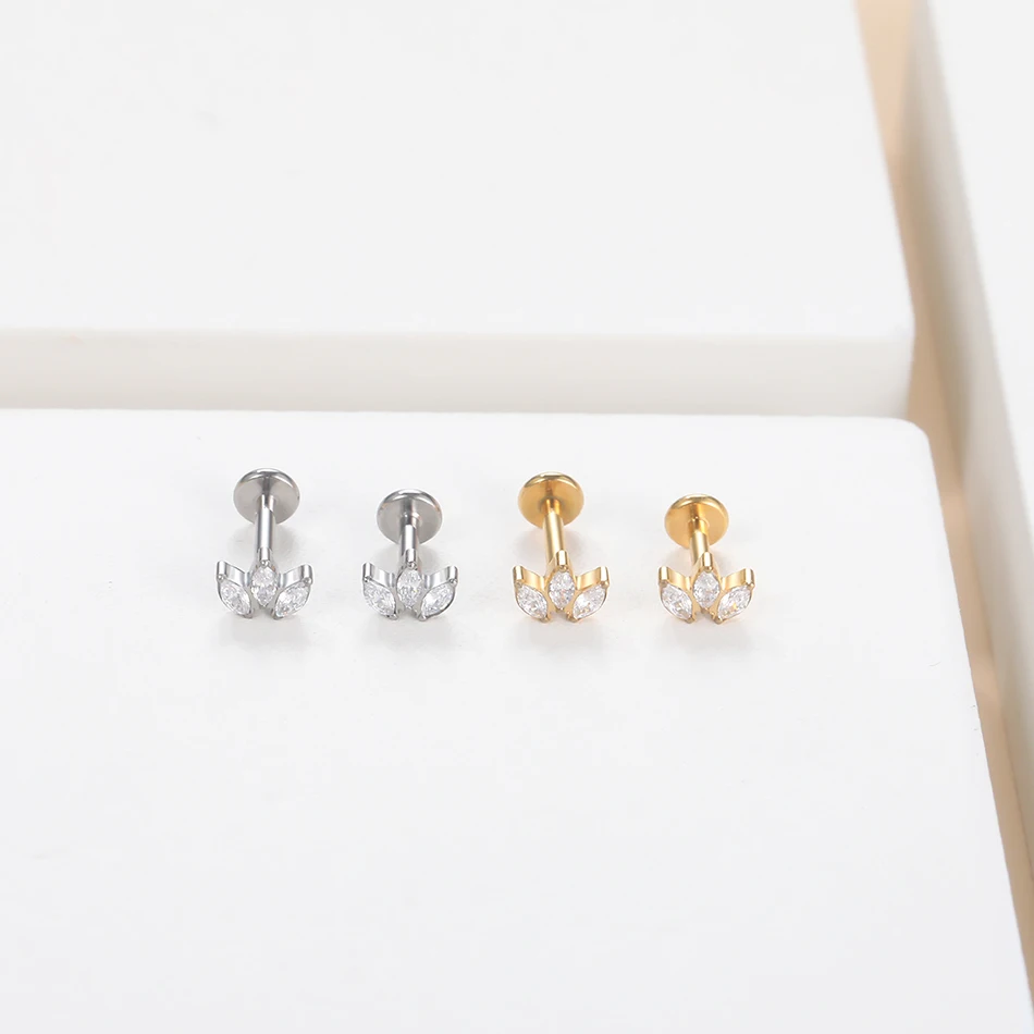 1pc Labret Piercing Titanium Lip Studs with 3 Marquise CZ Fan Top Internal Thread Cartilage Stud Earring Sexy Body Jewelry view 4