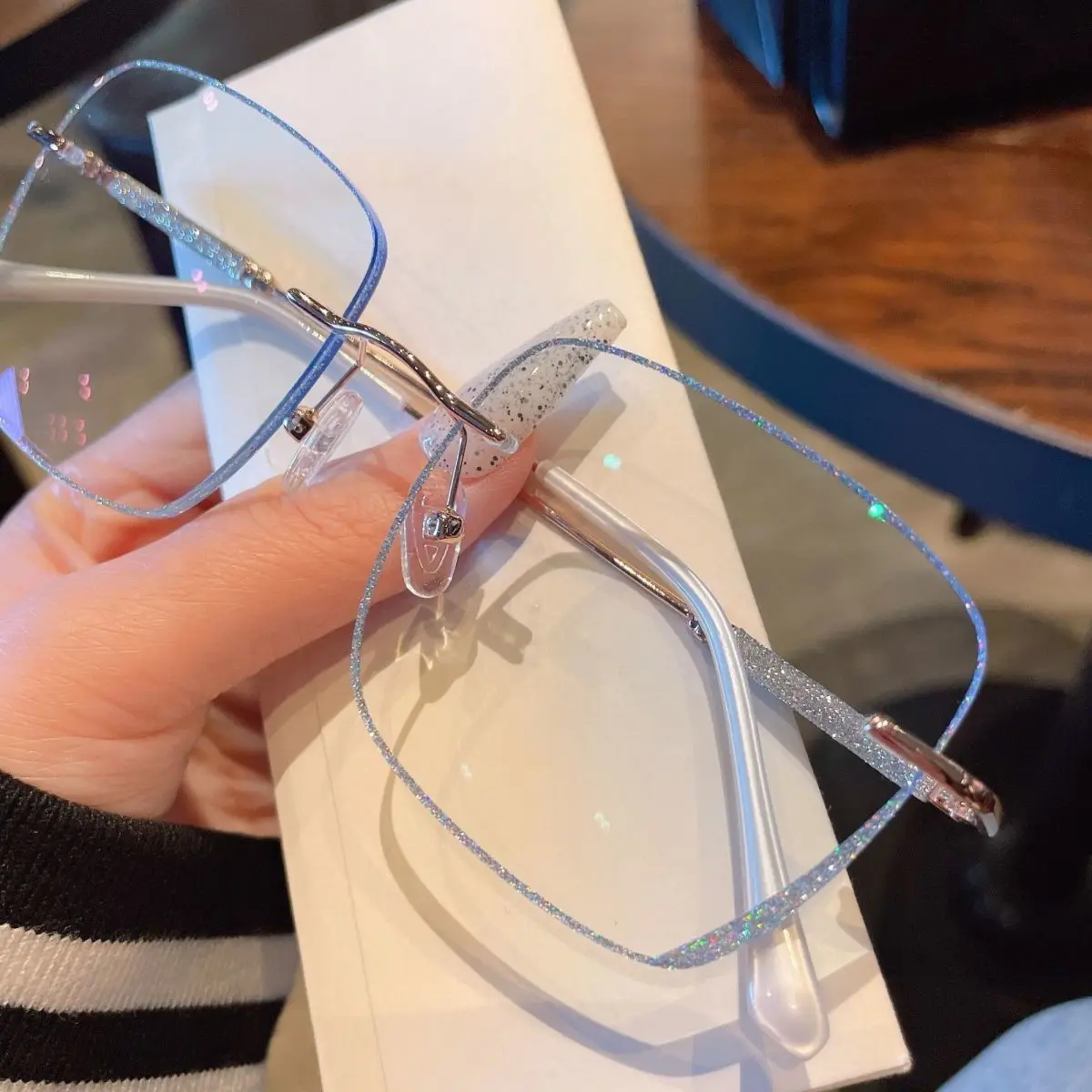 Women\'s Large Frame Myopia Glasses Prescription Eye Glasses Anti Blue Light Myopia Rimless Glasses