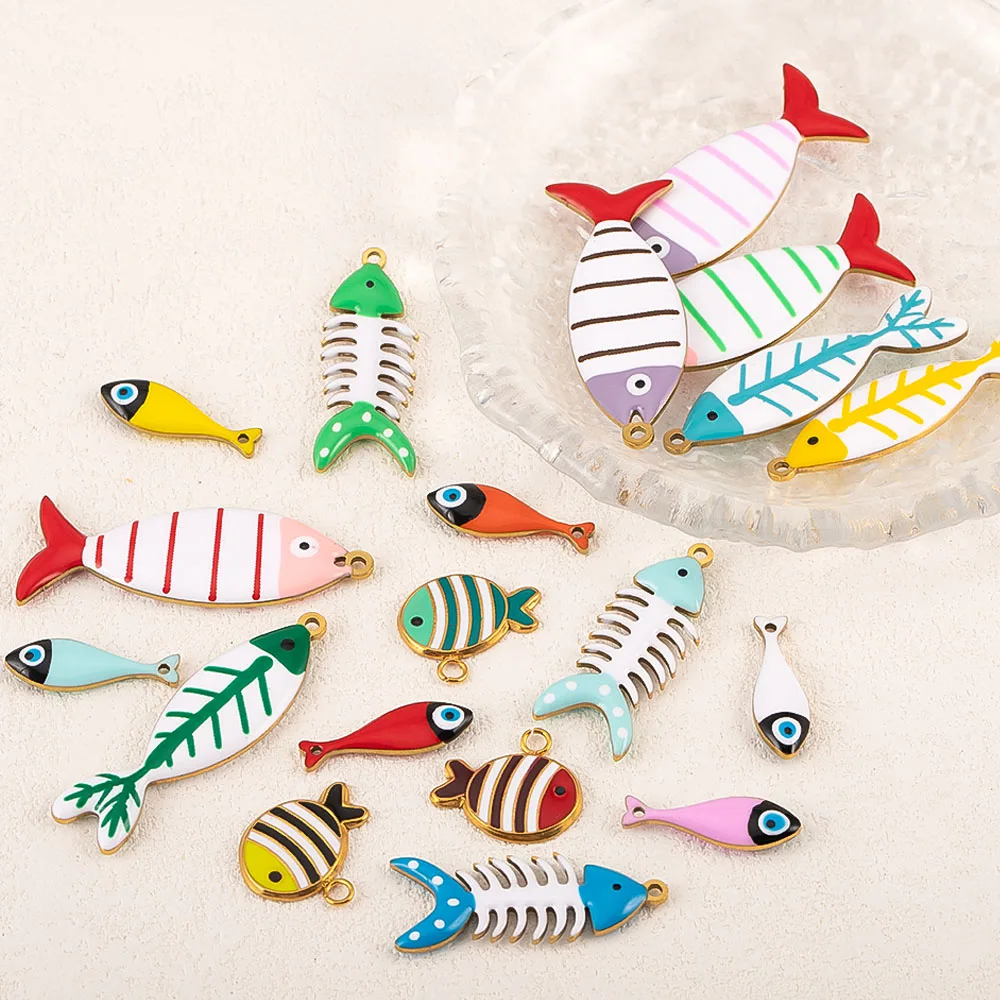 

2pcs Stainless Steel Cute Enamel Stripe Fish Color Fish Tail Charms Animal Pendant Base for DIY Earring Necklace Jewelry Making