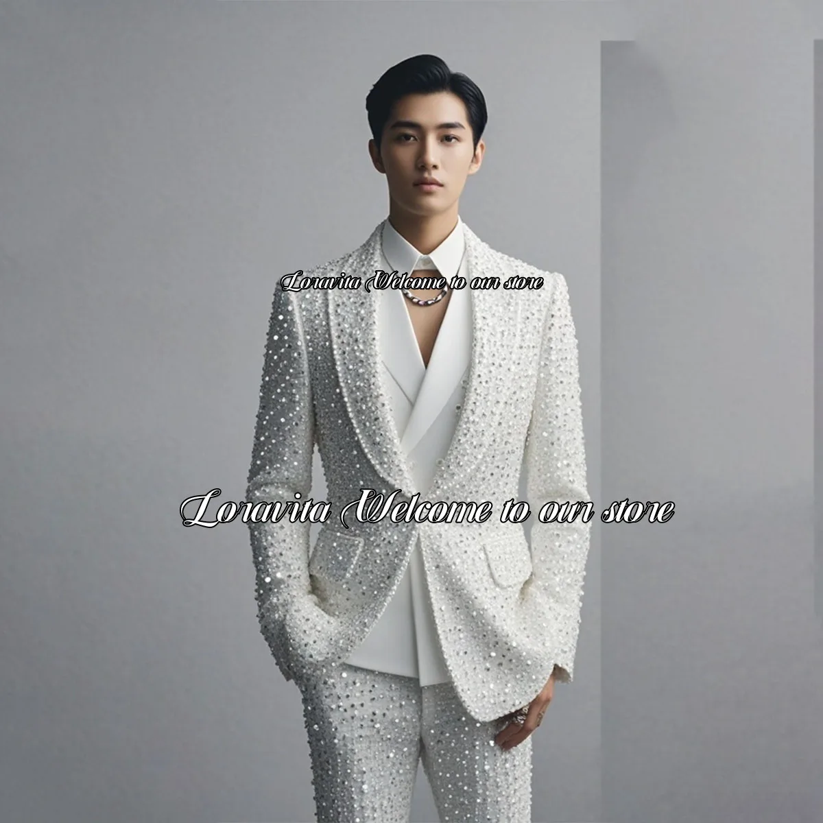 Luxury Men Suit 2 Pieces Sets Sparkling Diamond Decoration Lapel Groom Wedding Tuxedos Business Male Prom Blazers Slim Fit suits