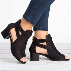 2023Sandały damskie Chunky High Heels Soild Gladiator Open Peep Toe Women Black Shoes Buckle Back Zipper Sandalias De Mujer