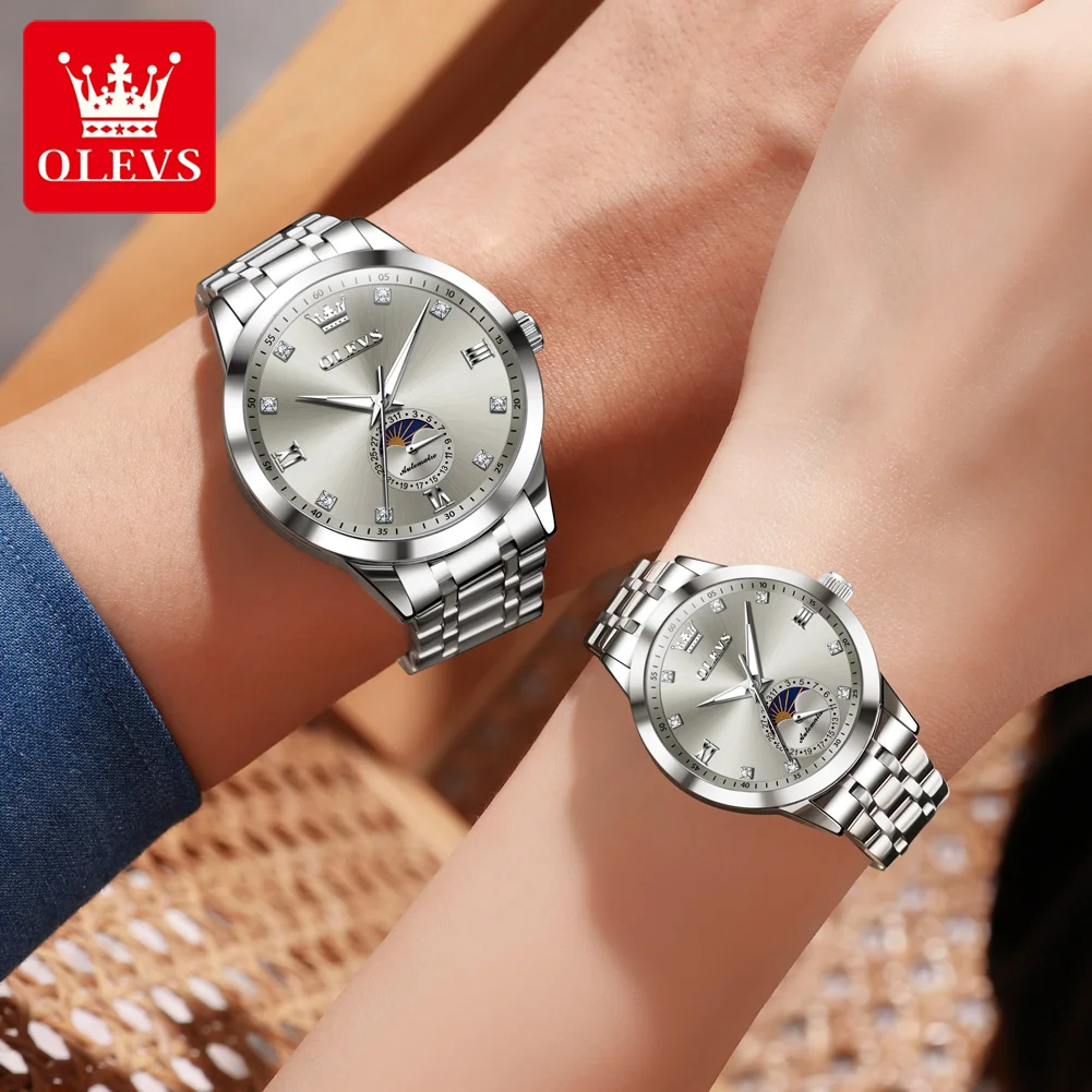 Jam Tangan Pasangan Romantis OLEVS 7041 Fashion Moon Phase Tahan Air Otomatis Mekanis untuk Wanita dan Pria Jam Tangan Tanggal