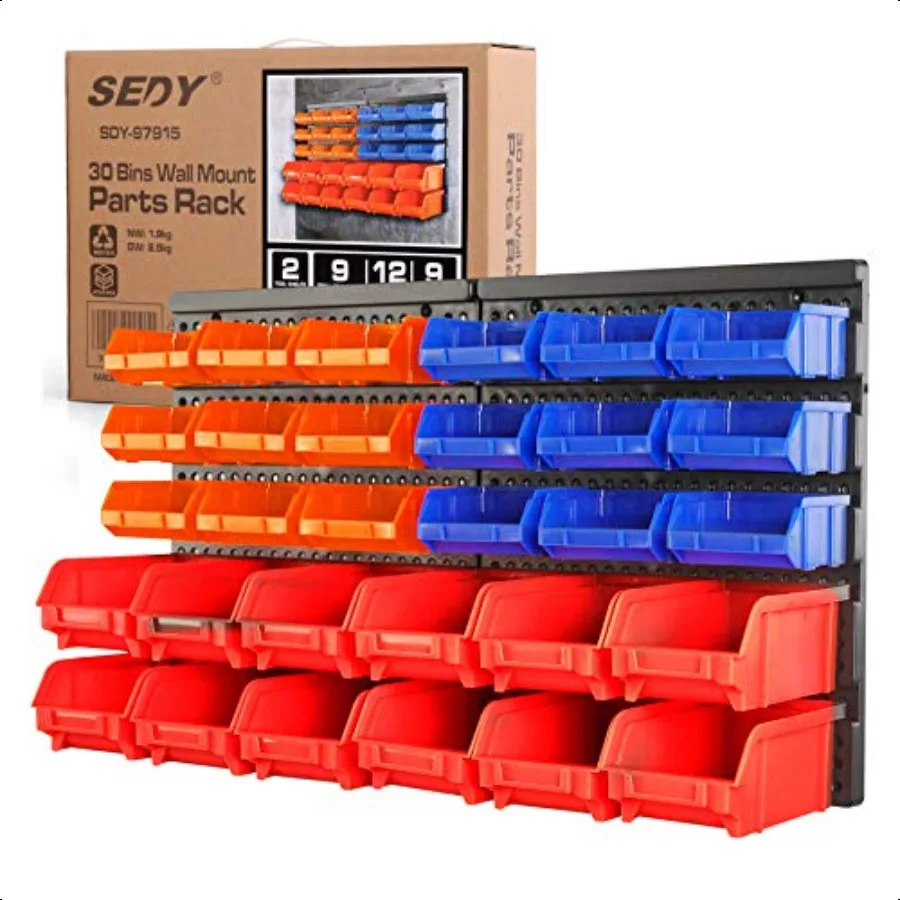 30Bin Sistema di rack di stoccaggio a parete Organizzatore di attrezzi da garage per carichi pesanti per viti, dadi, bulloni, chiodi, perline e piccole parti hardware