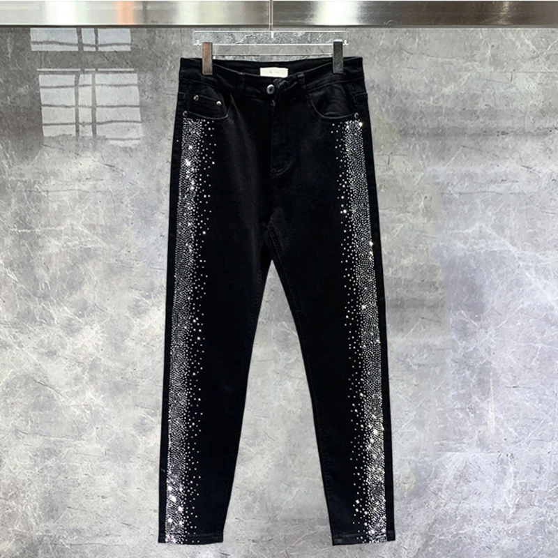 

2023 Korean Version Slim Tide Brand Pant Autumn Black Hot Diamond Slim Little Feet Jean Men Trend Heavy Industry Vaqueros Hombre