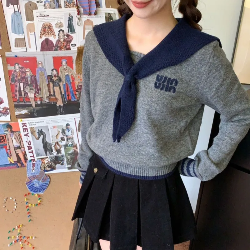 Women Autumn Winter Casual Preppy Style Striped Color Blocking Knitting Women Clothing All-match Slim Long Sleeve Pullovers Tops