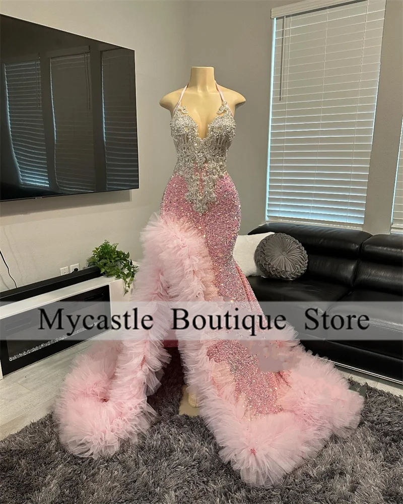Glitter Halter Pink Sequins Prom Dresses 2026 For Black Girl Beaded Appliques Rhinestones Ruffles Evening Dresses Customized