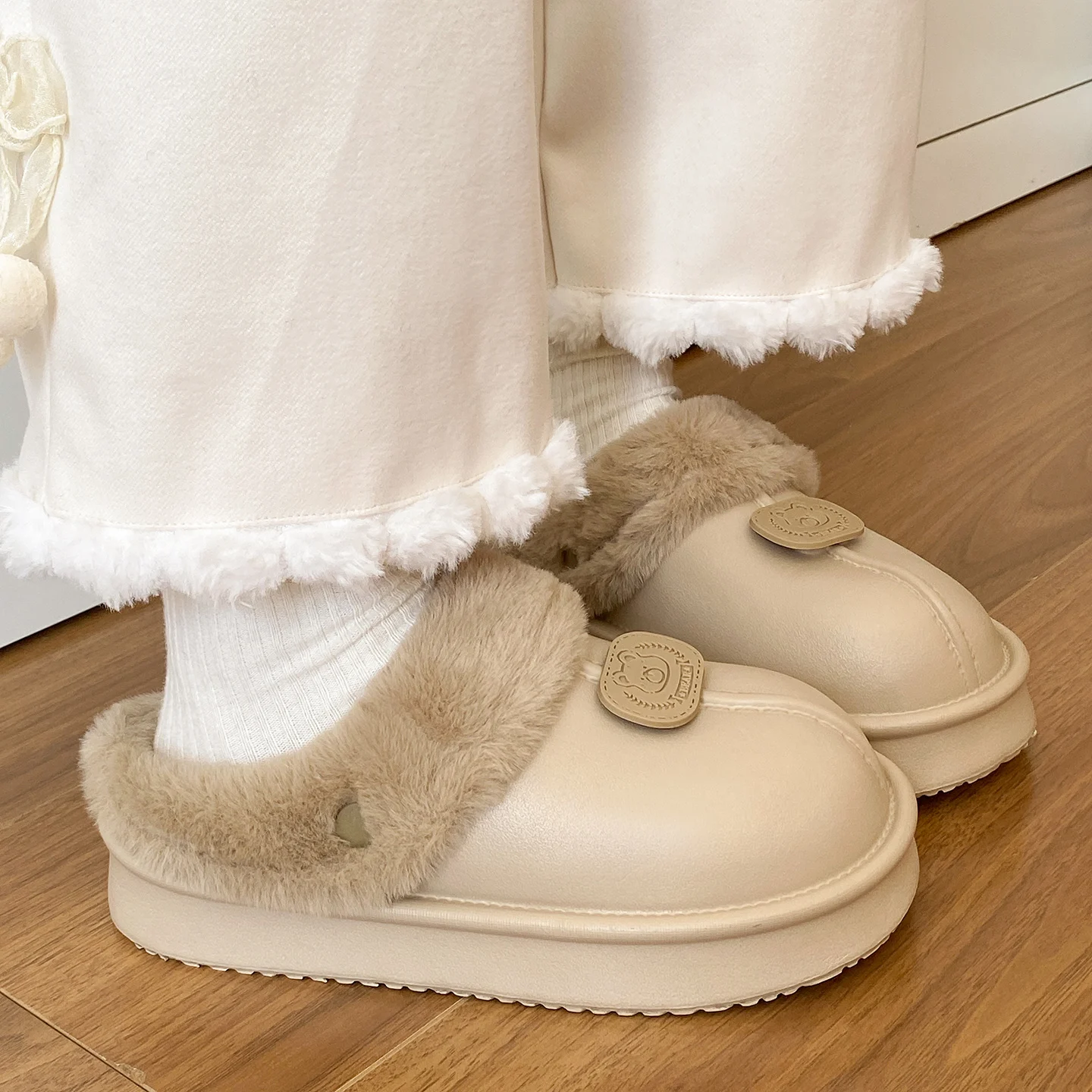 الخريف والشتاء ملابس خارجية غير رسمية خفيفة الوزن شقة سوليد نعال من القطن للنساء المنزل داخلي الصوف مبطن نعال من القطن الدافئ #5