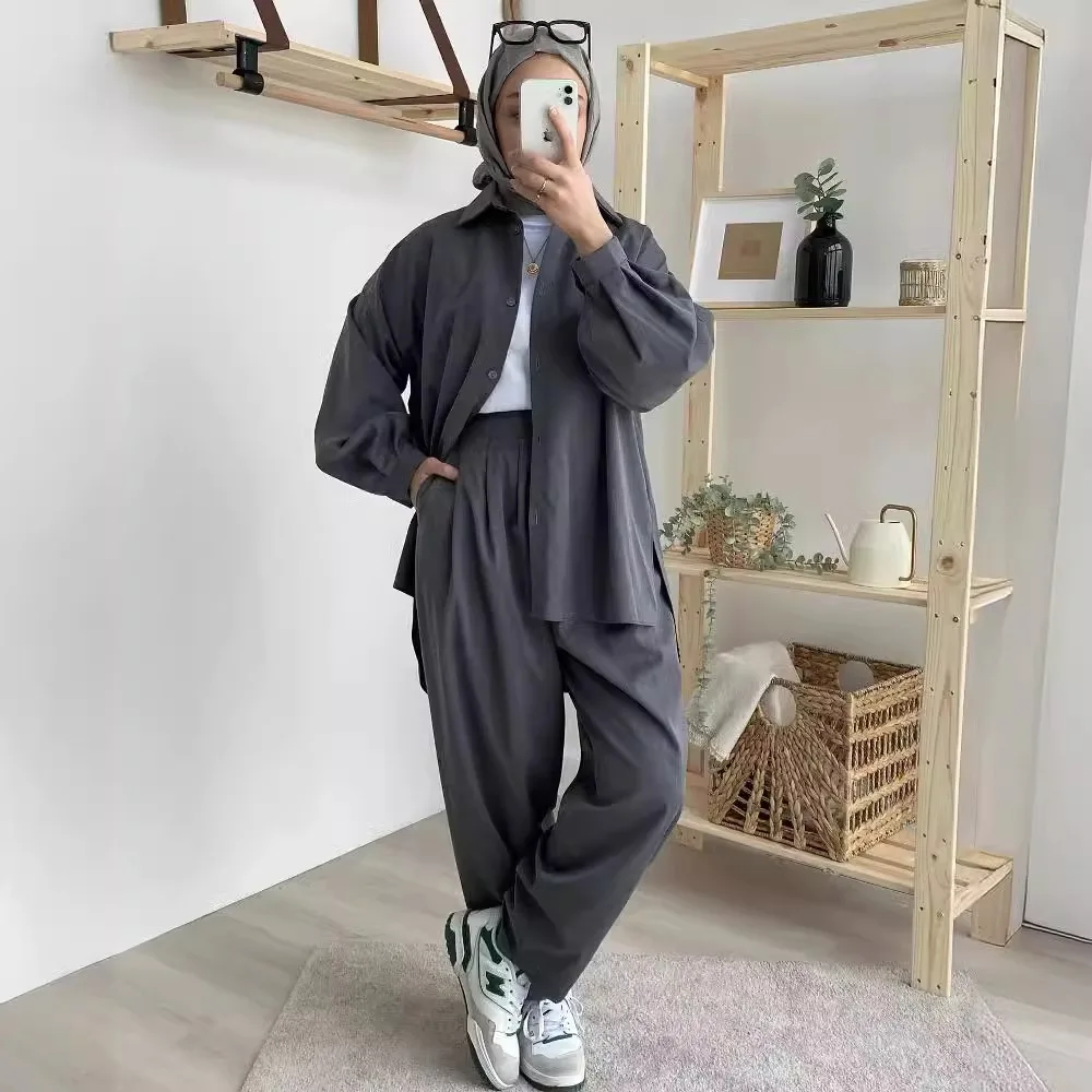 

New 2 Pcs Muslim Sets High Quality Single Color Polyester Abaya Long Sleeves Coat and Trousers with Buttons Designed Suit