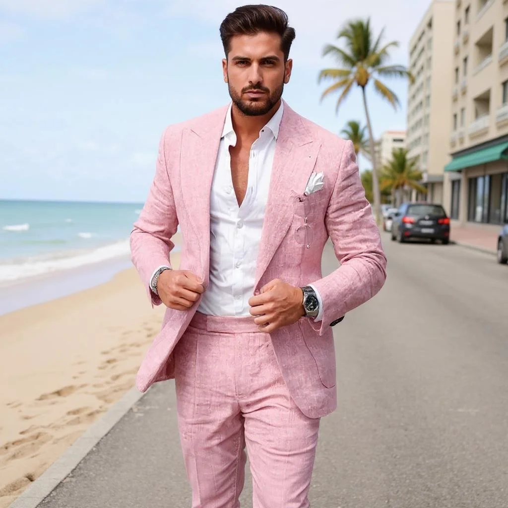 

Linen Causal Men Suits for Beach Party Solid Color Business Two Pieces Wedding Tuxedo Set Peak Lapel Suit Jacket with Pants