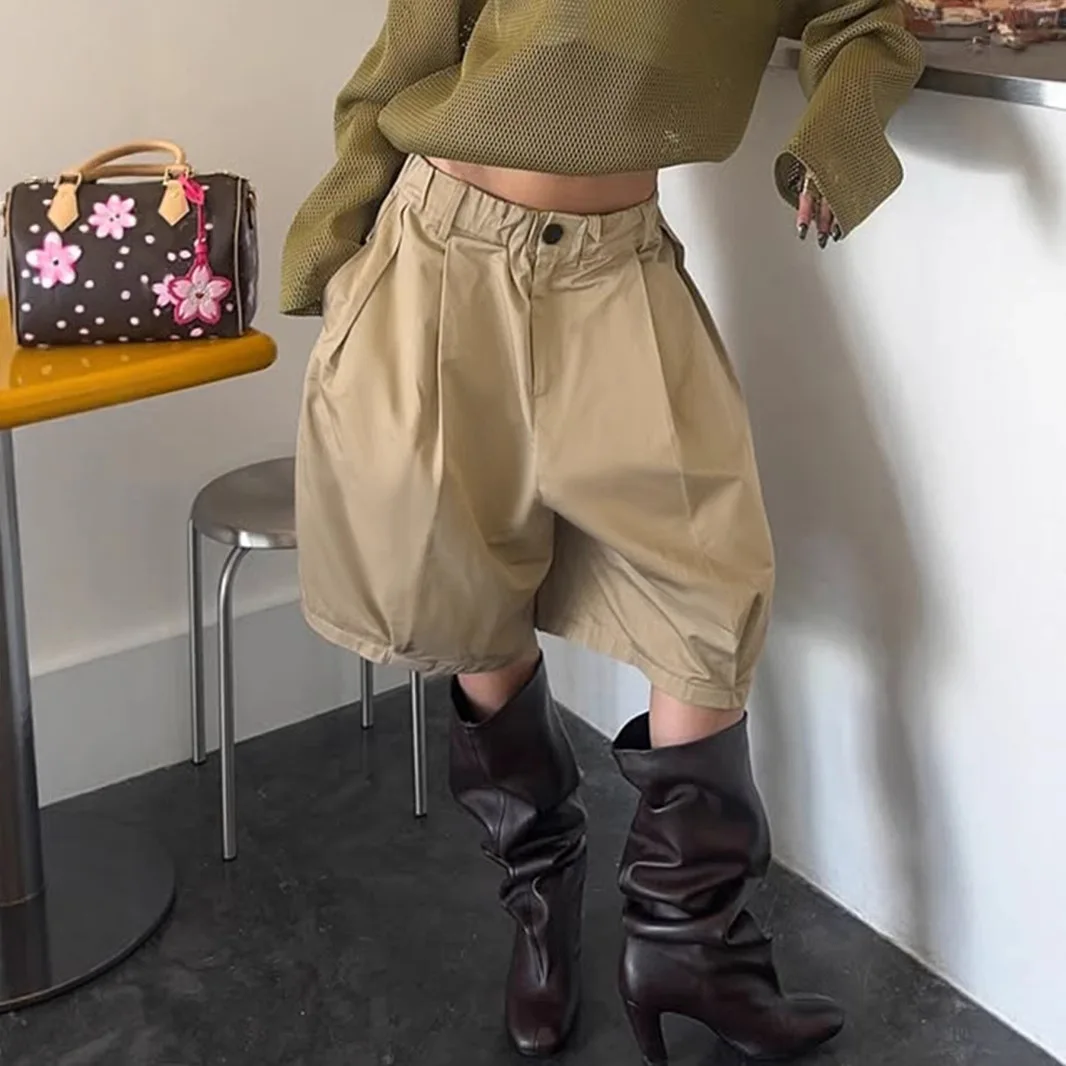 

DSMTRC женские летние модные уличные брюки 2023 с базовыми карманами и широкими штанинами со средней талией, женские повседневные однотонные шорты со складками, брюки-карго