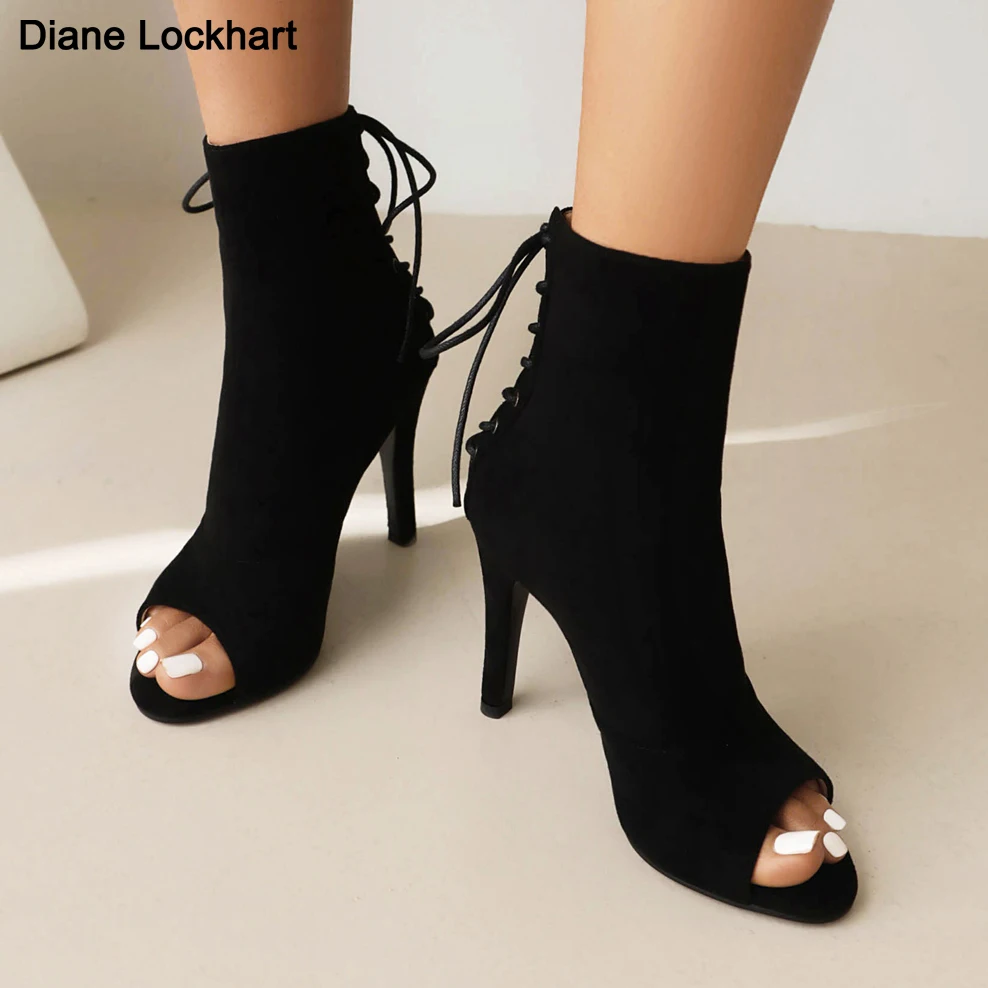 

New Style Ladies Peep Toe Ankle Boots Women Suede High Heels Back Lace-Up Dance Shoes Lady Black Sexy fish mouth Booties 42