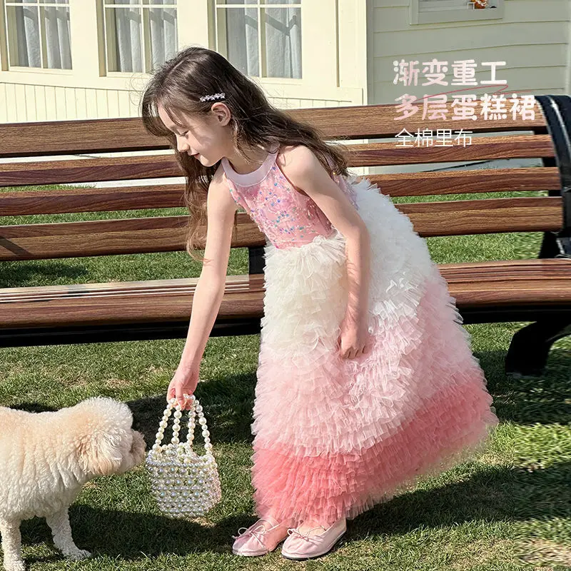 

Baby Girls Summer Sweet Shiny Princess Ball Gown Shiny Cake Layed Backless Birthday Party Clothes Mesh Long Dress Sling Sundress
