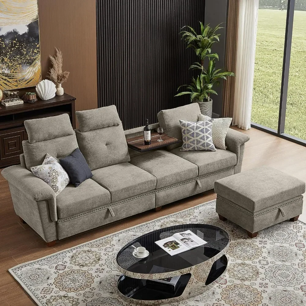 Convertible Sectional Sofa with Storage, 4 Seat L Shaped Couch with Chaise and Cup Holder, Modern Microfiber Fabric Sofa