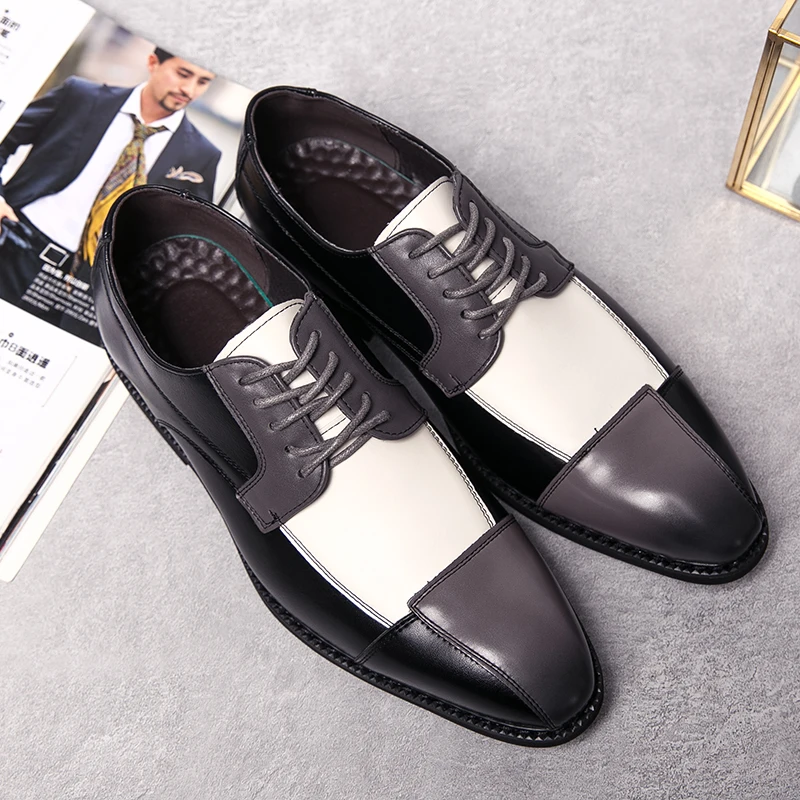 Genuine Leather New Men's Formal Shoes Men Dress Oxfords Patchwork Business and Office High-quality Block Gentleman Social Shoes
