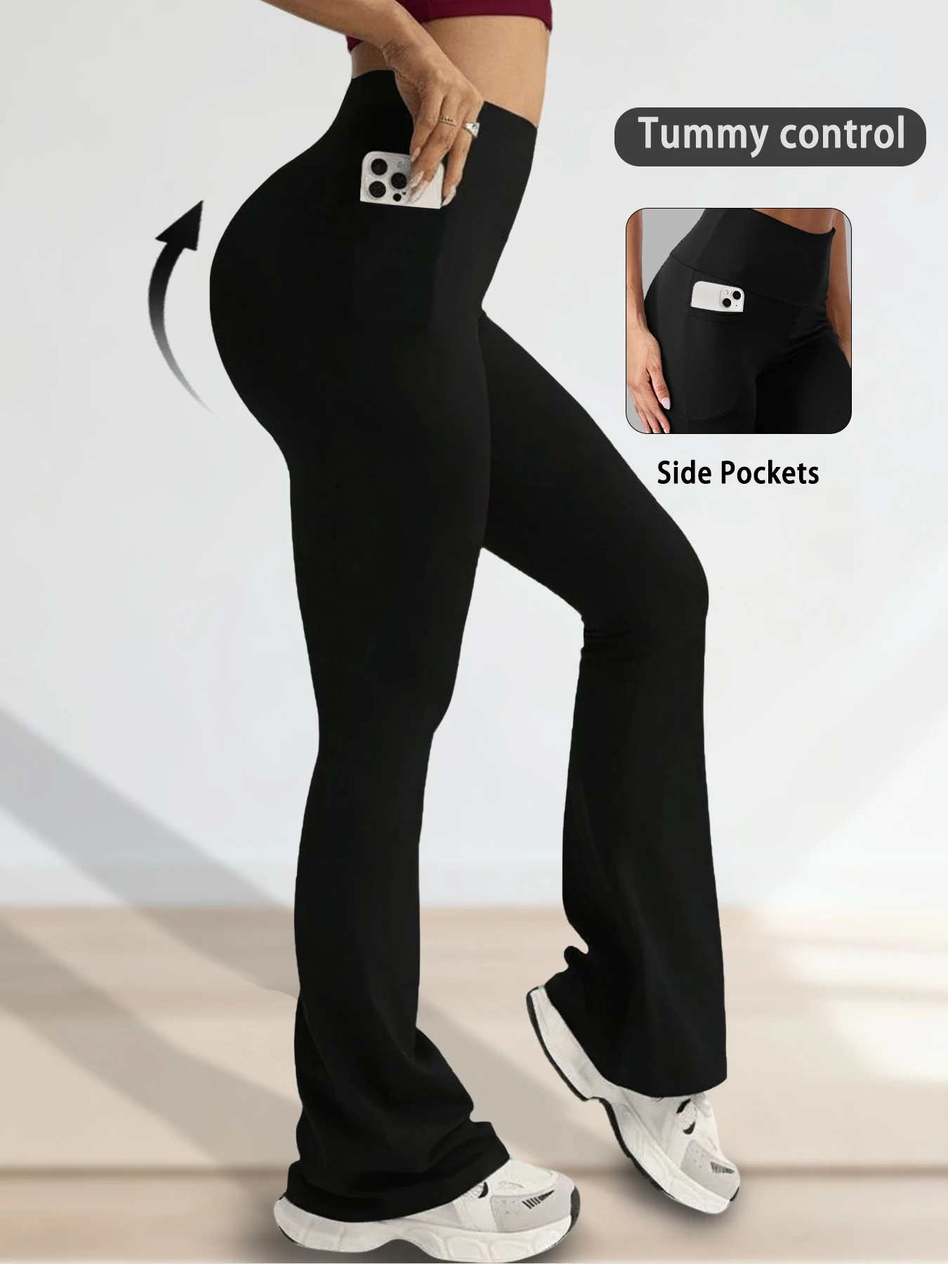 Damskie super miękkie spodnie z rozszerzanymi nogawkami, z kieszeniami, z wysokim stanem, modelujące brzuch, nieprześwitujące, do ćwiczeń, jogi, biegania, na co dzień, do domu.