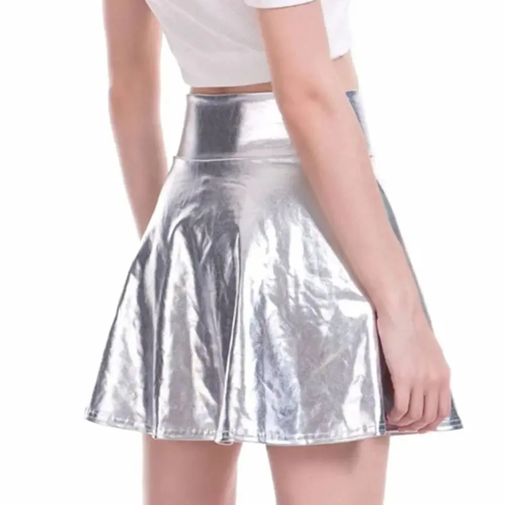 Elegant Metallic Pleated Skirt Gold Silver Retro Shiny Short Dress Solid Color Elastic A-line Short Skirt Stage Costume