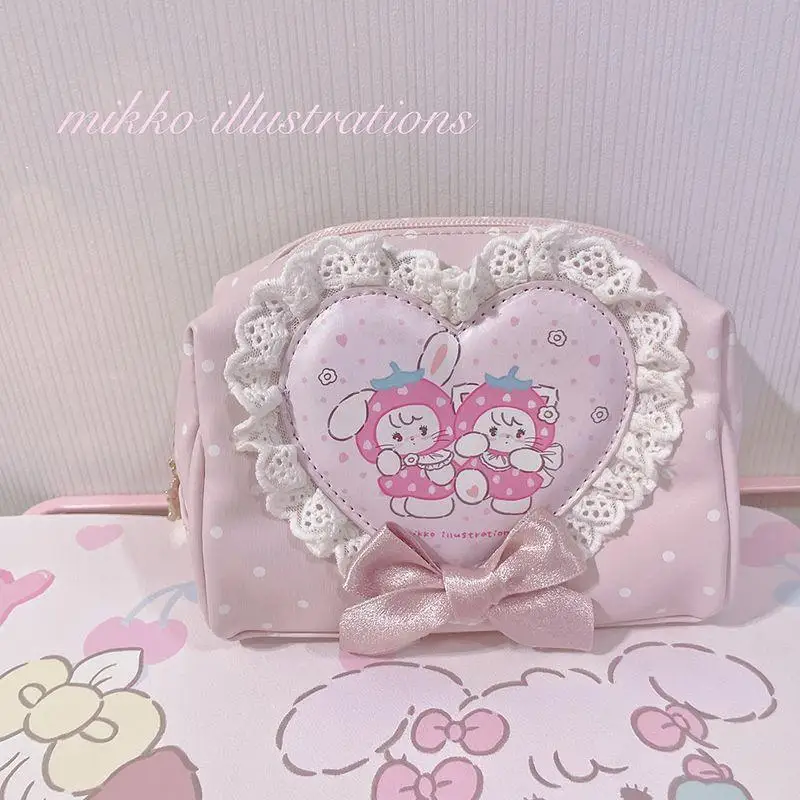 

Kawaii Cute Mikko Bag Strawberry Heart Leather Lace Small Bag Pink Cosmetic Storage Bag Anime Cartoon Ins Girl Birthday Gift