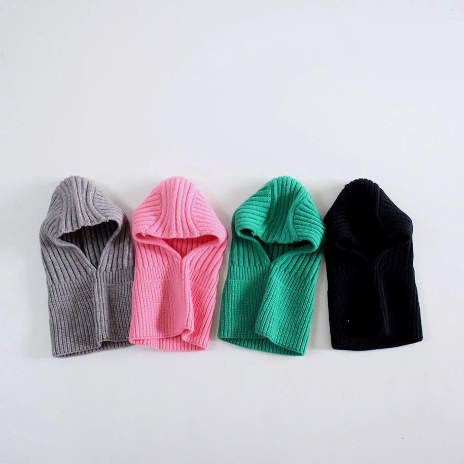 Knitted Baby Hat Hooded Scarf Warm Solid Color One Piece Scarf Winter Kids Toddler Boys Girls Hats