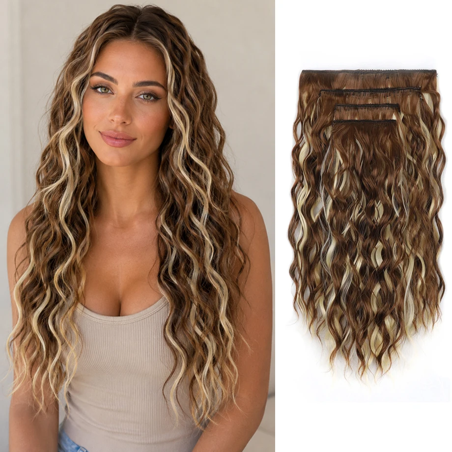 4Pcs Curly Clip in Hair Extension Synthetic Hair Mixed Color Silky Soft Natural Look Invisible Lace Weft Hairpieces for Women