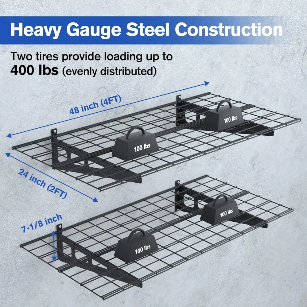 2-Pack 2x4FT Garage Wall Shelving, 48” x 24” Heavy Duty Wall Mounted Shelving, 400lbs Load Capacity (Total), 1 Sets