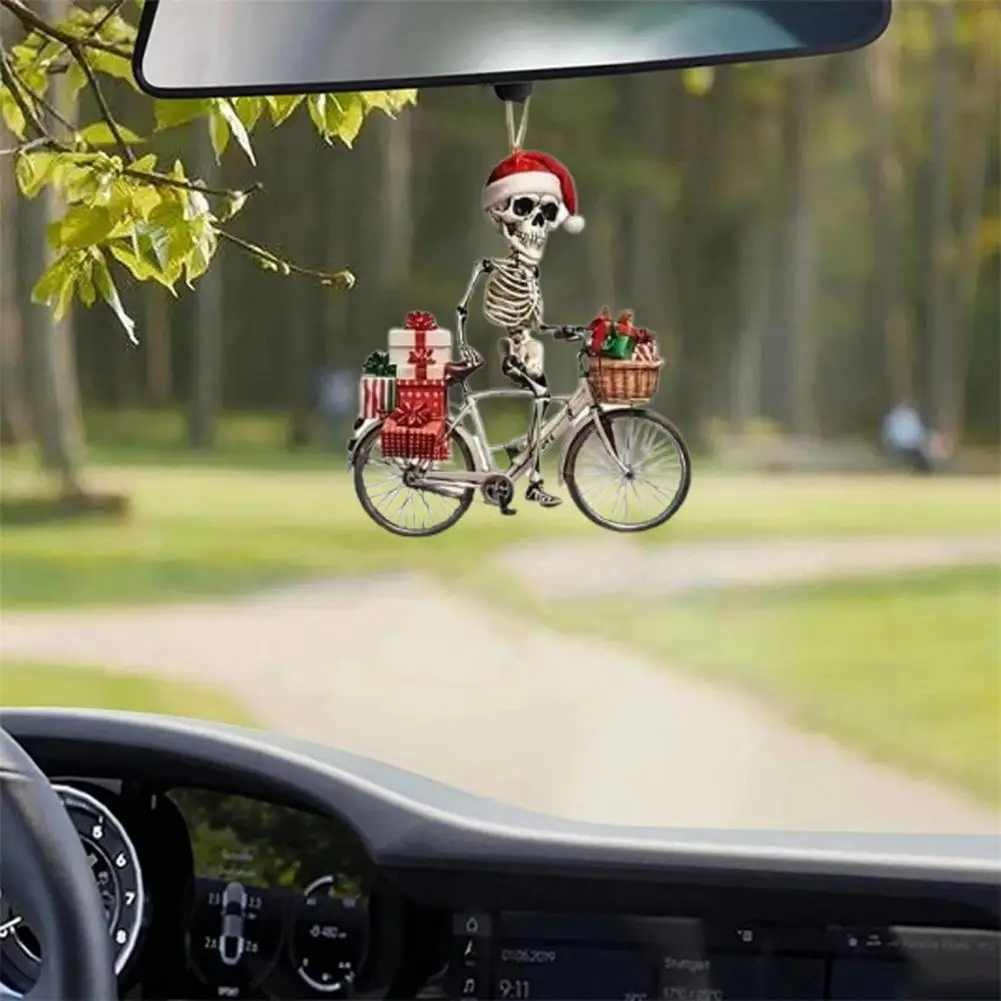 Acrylic Skull Pendant Festive Christmas Skull Ornament with Santa Hat Skeleton Riding Bicycle Acrylic Pendant Indoor/outdoor