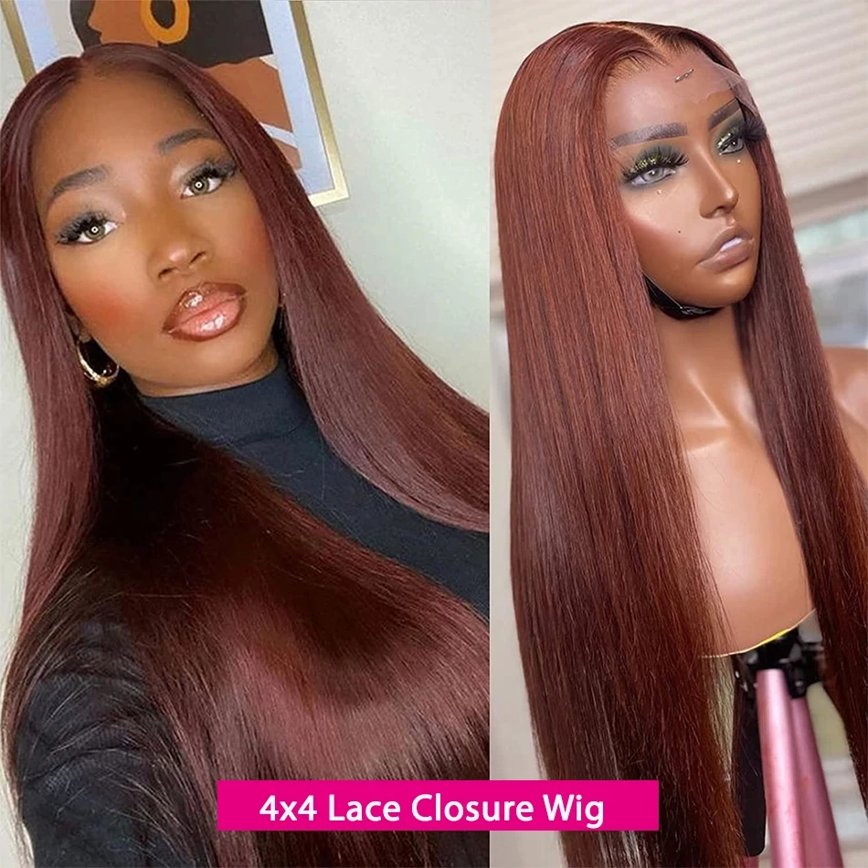 Reddish Brown Human Hair 4x4 Straight Lace Front Wigs Hd Lace Frontal Wig Brazilian Dark Red Brown Full Wig For Women