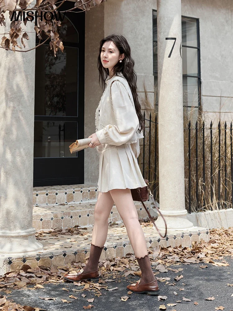 MISHOW Vintage Women Shirt Vest Coat Short Skirt Separately 2024 Fall Winter French Apricot Stand Neck Shirt Sweet MXD48C0365