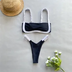 Black White Contrast Swimwear Bandeau Bikinis Sets Micro Thong Sexy Swimsuit 2024 Women High Cut Bathing Suit Mini Bikini Mujer